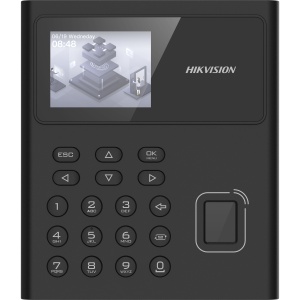 Cititor amprente si carduri M1 HikVision tastatura DS-K1T8005MFWX-B ecran LCD 2.4 inch, Wi-Fi 2.4G, capacitate 3000 amprente, 3000 carduri, 100000 evenimente, buzzer, tamper, port USB, alimentare 12VDC, 130x150x41.2 mm