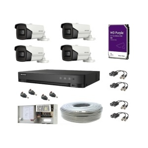 Kit supraveghere 4K / 8MP Hikvision Turbo AcuSense HD cu 4 camere, IR 60m, HDD 2 Tb, sursa, video balun, cablu utp, vizualizare pe internet/telefon, recunoastere om si vehicul
