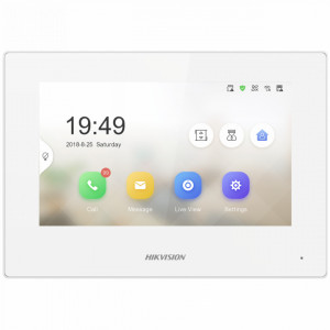 Monitor videointerfon IP HikVision DS-KH6320-LE1/W(B) alb, ecran tactil 7-inch TFT, rezolutie 1024x600, tehnologie Plug & Play, alimentare standard PoE, vizualizare live camere si post exterior, meniu multi-lingv