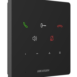 Post interior videointerfon IP Hikvision DS-KH6000-E1, fara ecran, 4 butoane tactile configurabile, alimentare PoE standard, microfon si difuzor incorporate, indicator LED stare, montaj pe perete, design compact si economic