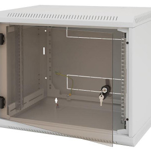 Rack de perete Triton sectiune simpla 6U 500mm adancime usa sticla panouri laterale fixe sectiuni, sectiuni acces cabluri sus/jos/spate securizare cu cheie, 1 pereche montanti reglabili IP30 gri