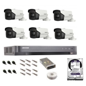 Sistem complet de supraveghere profesional Hikvision Turbo HD, inregistrare 4K / 8 Mp, 6 camere IR 60 m, HDD 2 Tb, 100 m cablu CCTV, vizualizare pe telefon