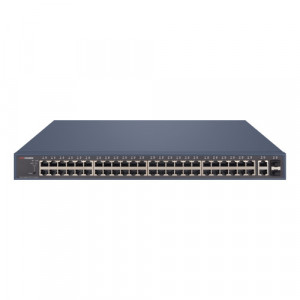 Switch Gigabit Smart Managed PoE Hikvision DS-3E1552P-SI, 48 porturi 10/100/1000M, 2 porturi RJ45, 2 porturi SFP, buget total 470W, protectie 6kV, suport VLAN, STP/RSTP/ERPS, SNMP, QoS, DHCP Snooping, carcasa metalica