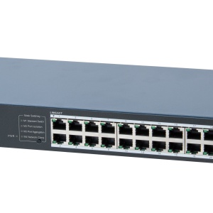 Switch HikVision DS-3E0524-E(C), 24 porturi 10/100/1000 Mbps RJ45, instalare plug-and-play, carcasa metalica robusta, montaj rack, suport Gigabit, design fiabil si usor de administrat