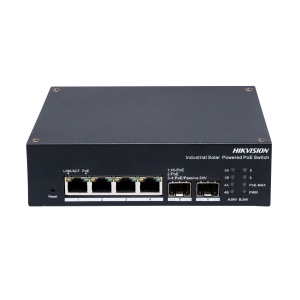 Switch industrial Hikvision DS‑3T1506HP‑EI-UPS, 4 porturi PoE Gigabit, 2 porturi SFP Gigabit, Hi-PoE 802.3bt 90W/port, suport PoE pasiv 24V, alimentare solara 12-24V/DC54V, monitorizare baterie, protectie 6kV, temperatura ‑40°C~75°C