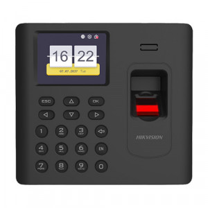 Terminal pontaj Hikvision Fingerprint DS-K1A802AMF-B, cititor amprenta si card Mifare, Wi-Fi, 3000 amprente, 3000 carduri, 100.000 evenimente, ecran LCD, baterie backup inclusa, alimentare 5V, suporta ISUP 5.0