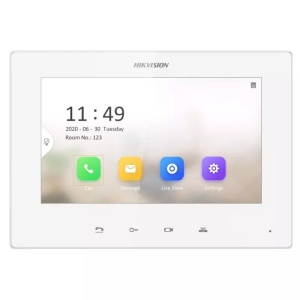 Videointerfon de interior IP Hikvision DS-KH6320-LE1(White), ecran TFT color 7 inch, rezolutie 1024x600, Wi-Fi, alimentare PoE sau 12V, 8 intrari alarma, montaj aparent, suprimare zgomot si ecou