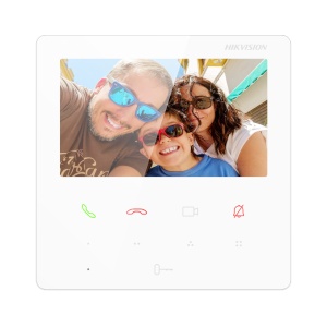 Videointerfon interior IP Hikvision DS-KH6110-WE1/White, ecran touchscreen 4.3 inch 480×272, setup usor, control prin Hik‑Connect, PoE, vizualizare live statii usa si camere, 4 butoane personalizabile, design prietenos