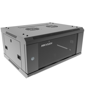 Cabinet rack Hikvision DS-XS6404-S/B 19″, wall-mounted, 600×450×281mm, capacitate incarcare 40kg, usa frontala sticla 4mm, SPCC otel, pentru echipamente server si retea