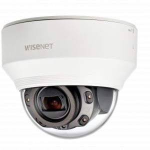 Camera supraveghere IP Hanwha Vision dome 2MP XND‑6080R, varifocala motor 2.8‑12 mm, IR 30 m, WDR 150 dB, H.265/H.264, analiza video inteligenta, auto‑tracking digital, audio bidirectional, slot microSD 512 GB, WiseStream II, tamper‑resistant IK08, PoE/12