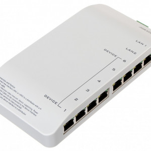 Distribuitor audio-video HikVision DS-KAD606-P pentru sisteme videointerfonie IP, 8 porturi RJ-45 10/100 Mbps, alimentare 24V DC, suporta 64 VLAN-uri, management trafic eficient, montaj pe sina DIN sau perete, seria Pro