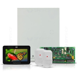 Kit alarmă Paradox SP4000 Spectra (cutie metalică cu transformator AWO000EI) + tastatură touchscreen TM50(L) 5" + 2 detectoare PIR NV5, extensibil 4-32 zone, 2 partitii, ieșiri PGM, sistem securitate cablat profesional