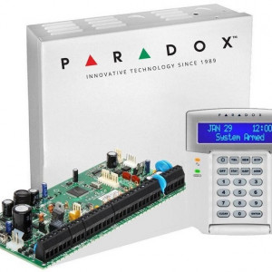 Kit alarmă Paradox SP6000(CT) + tastatură K32LCD, cutie metalică AWO000EI cu transformator, 8-32 zone, compatibil senzori fum 2 fire