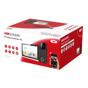 Kit videointerfon IP Hikvision DS-KIS610-P, 4MP, unghi vizual 150°, control 2 yale, multiple metode de deblocare: card/Bluetooth/Hik-Connect/statie interioara, inregistrare/video playback, PoE, include DS-KH6350-WTE1, DS-KV6114-WBE1, DS-KABV6114-RS, PSU×2