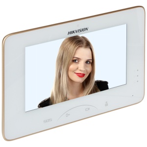 Monitor IP HikVision DS-KH8300-T, 7″ LCD 1024×600, hands-free audio-video cu statia usa/master, touchscreen, TF card, monitorizare camere externe, deblocare la distanta, 8 intrari alarma, apel panica, upload automat alerte