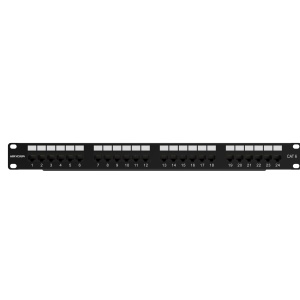 Panou cablare retea Cat6 HikVision DS-1CP6U24-1U, patch panel 1U, 24 porturi, suport TIA 568A/B, 250 MHz, 22-24 AWG, design Press-Fit ecologic, extractie frontala, instalare si mentenanta usoara