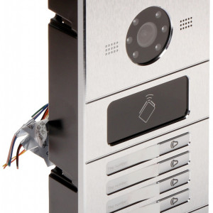 Post exterior videointerfon IP HikVision DS-KV8402-IM pentru 4 familii, rezolutie HD 720p, cititor carduri Mifare integrat, iluminare IR, comunicare bidirectionala, montaj incastrat, carcasa metalica, acces prin app