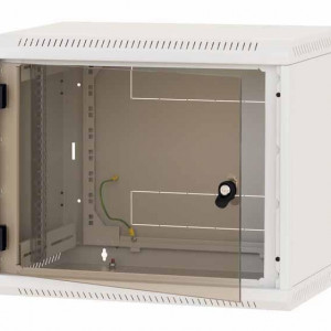 Rack de perete Triton sectiune simpla 12U 600mm adancime usa sticla panouri laterale fixe sectiuni ventilatie activa, sectiuni acces cabluri sus/jos/spate securizare cu cheie, 1 pereche montanti reglabili IP30 gri