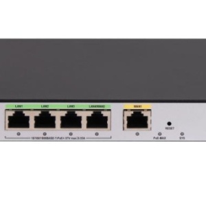 Router smart gestionabil HikVision DS‑3WG105GP‑SI, 1×Gigabit WAN, 4×Gigabit LAN PoE cu port LAN/WAN comutabil, buget PoE 60 W, throughput 1000 Mbps, suport VPN (IPsec, L2TP), firewall, DDoS, filtrare IP/MAC/URL, ARP defending si management comportamental