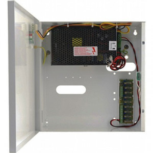 Sursa de alimentare in comutatie Pulsar PSDCB09129C cu back-up, 12V DC, 9 canale x 1A, carcasa metalica, suporta acumulator 17Ah, curent incarcare selectabil 1A/4A, protectii SCP, OVP, OLP, UVP, tamper, dimensiuni 280x292x90mm