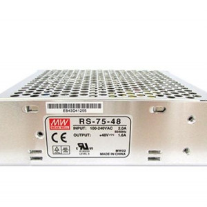 Sursa de alimentare Mean Well RS-75-48, iesire 48V 1.6A, putere 76.8W, intrare universala 88-264VAC, eficienta ridicata, temperatura operare -25...+70 grade C, design compact 129x97x38mm, protectie suprasarcina