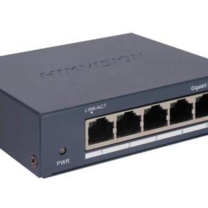 Switch 5 Port Gigabit Hikvision DS‑3E0505‑O 5 × Gigabit RJ45, 1000M acces retea, wire‑speed forwarding, non‑blocking design, store‑and‑forward, carcasa metal, design fara ventilator pentru fiabilitate ridicata
