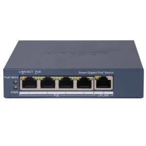 Switch de retea gestionabil Hikvision DS‑3E1505P‑EI, 4×Gigabit PoE + 1×Gigabit RJ45, buget PoE 60 W, suport VLAN 802.1Q, PoE watchdog pentru restart camere nefunctionale, STP/RSTP pentru prevenire bucle, detectie cablu, transmisie PoE pana la 300 m