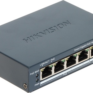 Switch gestionabil Hikvision DS‑3E1505P‑EI/M, 4×Gigabit PoE + 1×Gigabit RJ45, buget PoE 45 W, suport VLAN 802.1Q, PoE watchdog pentru restart camere, STP/RSTP preventie bucle, detectie cablu, PoE pana la 300 m si protectie supratensiune 6 kV