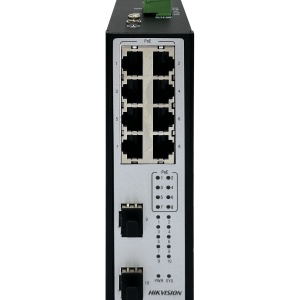 Switch industrial Hikvision DS‑3T2510P, 8 porturi PoE/PoE+ 10/100/1000BaseT, 2 porturi SFP 1000BaseX, management web/CLI/Telnet, VLAN 802.1Q, QoS, SNMP, PoE management, alimentare redundanta, fanless, temperatura ‑40°C~75°C