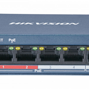 Switch PoE HikVision DS-3E0105P-E/M(B) unmanaged, 4 porturi Fast Ethernet PoE + 1 port Uplink, transmisie Long Range pana la 300m, protectie supratensiune 6KV, management inteligent consum, port VIP pentru date video