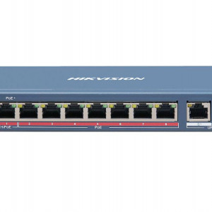 Switch Smart Managed High PoE Hikvision DS-3E1310HP-EI, 8 porturi PoE (1x Hi-PoE 60W), 2 porturi Gigabit Uplink RJ45, buget total 110W, standard IEEE 802.3bt, transmisie 300m, protectie 6kV, management topologie