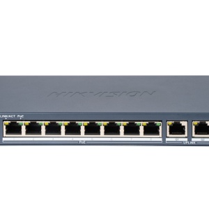 Switch Smart Managed PoE HikVision DS-3E1310P-EI(B), 8 porturi Fast Ethernet PoE, 2 porturi Gigabit Uplink, buget putere 110W, transmisie Long Range 300m, functie PoE Watchdog, protectie descarcari electrice 6kV