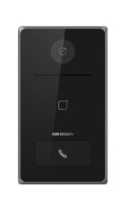 Videointerfon IP Hikvision DS-KV6133-WME1/FL, unitate exterior vila 2 MP cu IR, design cu un singur buton, modul cititor card, PoE standard, carcasa aluminiu, protectie IP65, apel direct catre aplicatia Hik‑Connect fara statie interiora