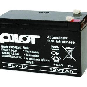 Acumulator plumb-acid Pilot PL7AH, tensiune 12V, capacitate 7Ah, borne tip T1, dimensiuni 151x65x93mm, greutate 2.03kg, ideal pentru sisteme de backup UPS, centrale de efractie, sisteme de incendiu si echipamente de securitate