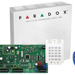 Centrala efractie radio Paradox Magellan MG5050(CT)+K10V+REM1, 32 zone, 2 partitii, include tastatura LED verticala K10V, telecomanda REM1, cutie metalica AWO152 cu transformator, frecventa 433MHz, 2 intrari zone, 2 iesiri PGM