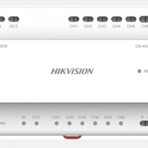 Distribuitor IP pe 2 fire HikVision DS-KAD706, 6 interfete cascada pentru alimentare si date, 1 port RJ-45, indicatori LED stare, montaj pe sina DIN, alimentare 24VDC, ideal pentru modernizarea sistemelor vechi