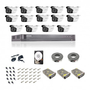 Kit complet de supraveghere 5 MP Hikvision Turbo HD cu 14 camere Bullet IR 40 m,alimentatori, cabluri, mufe, HDD 2Tb, vizualizare pe internet