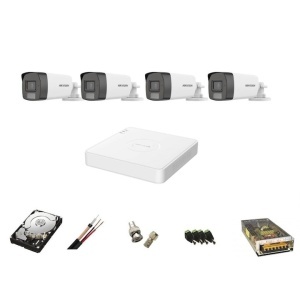 Kit de supraveghere audio-video complet 4 camere Hikvision 5 Mp, Smart Hybrid Light IR si ColorVu 40m, 1Tb