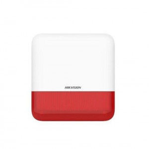 Sirena de exterior wireless HikVision DS-PS1-E-WE/Red, intensitate sonora 110 dB, protectie IP65, tehnologie Tri-X 868MHz, 3 tipuri de alarme sonore, protectie tamper fata/spate, configurabila din aplicatie, baterie inclusa, AX PRO