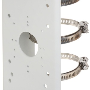 Suport de stalp Hikvision DS-1275ZJ pentru camere de supraveghere, fabricat din otel inoxidabil, culoare Hikvision White, montaj vertical sau orizontal, include coliere metalice, design robust pentru exterior, ideal pentru stalpi de utilitati