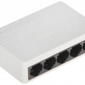 Switch de retea 5 Porturi HikVision DS-3E0105D-E, tehnologie Fast Ethernet 10/100 Mbps, arhitectura Store-and-forward, auto-learning MAC, instalare Plug and Play, design compact, montaj birou sau perete, carcasa plastic