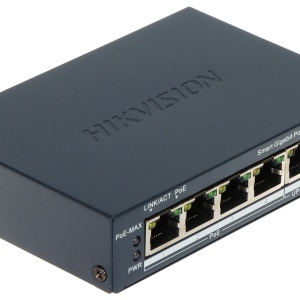 Switch de retea gestionabil Hikvision DS‑3E1505P‑EI, 4×Gigabit PoE + 1×Gigabit RJ45, buget PoE 60 W, suport VLAN 802.1Q, PoE watchdog pentru restart camere nefunctionale, STP/RSTP pentru prevenire bucle, detectie cablu, transmisie PoE pana la 300 m - Img 2