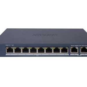 Switch gestionabil HikVision DS‑3E1510P‑EI, 8×Gigabit PoE + 2×Gigabit RJ45, buget PoE 110 W, suport 802.1Q VLAN, PoE watchdog pentru restart camere, STP/RSTP preventie bucle, detectie cablu, PoE pana la 300 m si protectie supratensiune 6 kV