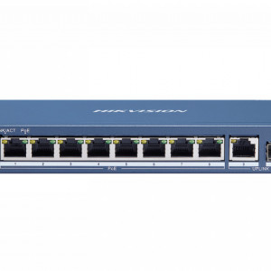 Switch Gigabit HikVision DS-3E0510P-E/M Unmanaged, 8 porturi PoE (30W/port), 1 port Uplink RJ45, 1 port SFP fibra optica, protectie supratensiune 6KV, carcasa metalica, design fanless, Plug & Play