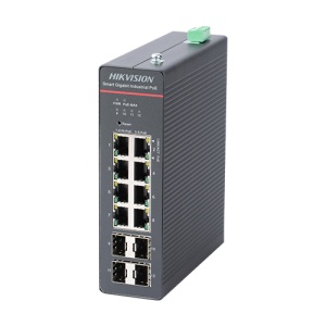 Switch industrial Hikvision DS-3T1512HP-SI-8P4FKIT(240W), 8 porturi PoE Gigabit RJ45, 4 porturi SFP fibra Gigabit, suport VLAN 802.1Q, Hi‑PoE 802.3bt 90W/port, SNMP, QoS, DHCP snooping, protectie 6KV, operare -40°C ~ 75°C