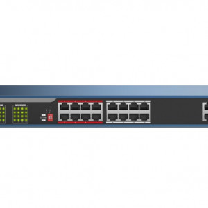 Switch PoE 16 Porturi HikVision DS-3E0318P-E(B), 10/100 Mbps, 2 porturi Gigabit Combo (RJ45/SFP), transmisie Long Range 300m, putere totala 130W, protectie 6KV, porturi VIP pentru video, 8-core Power Supply