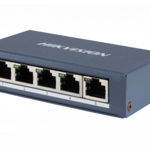 Switch PoE HikVision Gigabit Unmanaged 4 Porturi DS-3E0505P-E, 4 x PoE 10/100/1000 Mbps + 1 Uplink, putere totala 60W, protectie supratensiune 6KV, transmisie date video stabila, carcasa metalica, plug and play
