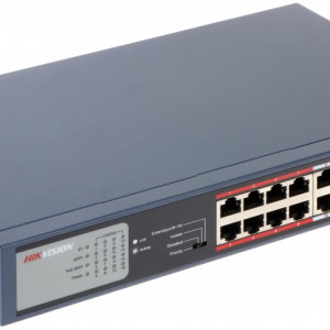 Switch PoE unmanaged HikVision DS-3E0318P-E/M, 16 porturi Fast Ethernet PoE, 1 port Uplink Gigabit, 1 port SFP, putere totala PoE 135W, transmisie pana la 250m, protectie supratensiune 6KV, montare rack/perete