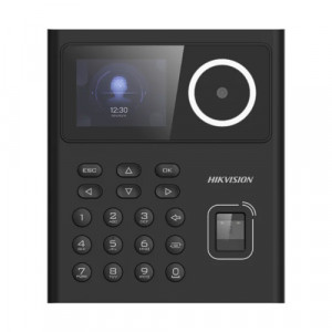 Terminal control acces facial Hikvision DS-K1T320MFWX, ecran LCD 2.4 inch, recunoastere faciala sub 0.2s, cititor amprenta si card M1 incorporat, capacitate 500 fete si 1000 carduri, camera 2MP, Wi-Fi, configurare Web