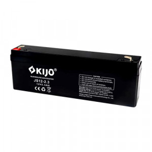 Acumulator AGM 12V 2.3Ah KIJO JS12-2.3 fara intretinere, tehnologie VRLA pentru sisteme de securitate si incendiu, durata de viata 5 ani, terminal F1 cupru, curent descarcare 105A, carcasa ABS, dimensiuni compacte, culoare negru